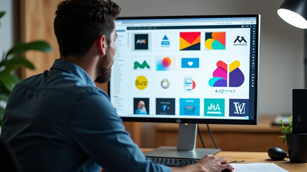 Portfolio de design graphique affichant plusieurs projets colorés, logos, brochures et designs web sur un grand écran en haute résolution