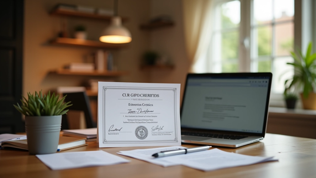 Certificat de traduction professionnel affiché sur un bureau avec un ordinateur portable et des livres de référence linguistiques