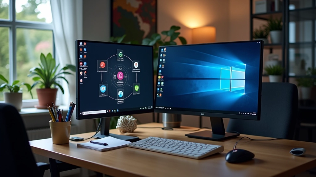 Bureau de travail équipé avec plusieurs outils numériques, applications ouvertes sur écran, environnement de rédacteur freelance professionnel