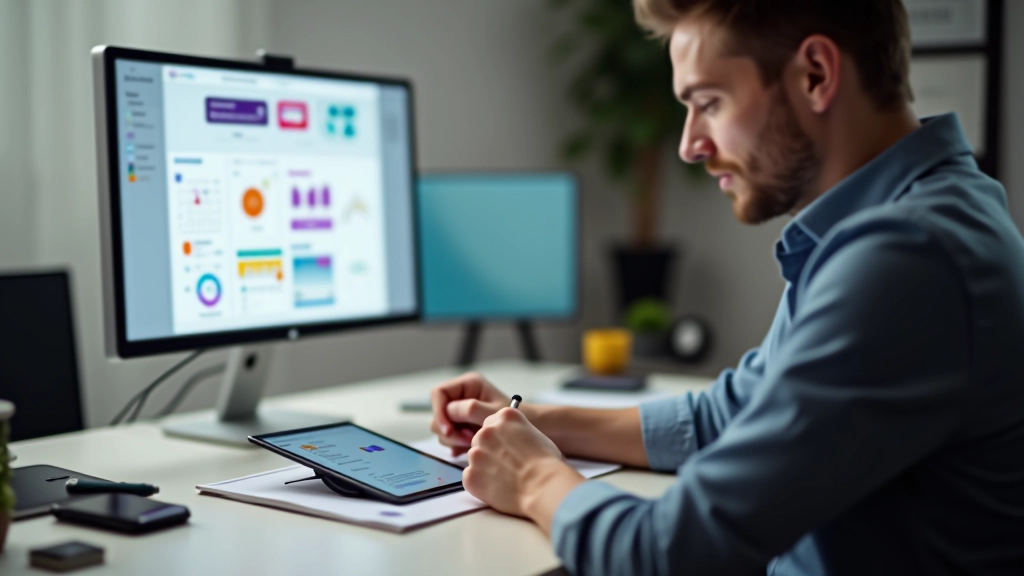 Designer graphique travaillant sur ordinateur avec tablette graphique et souris, écran montrant des projets de design colorés