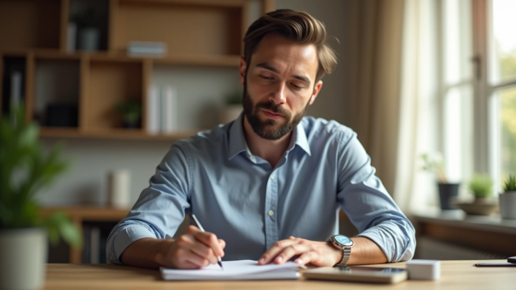 Homme assis à un bureau moderne avec carnet de notes ouvert, stylo en main, planning affiché au mur, lumière chaude de fin d'après-midi, concentration visible