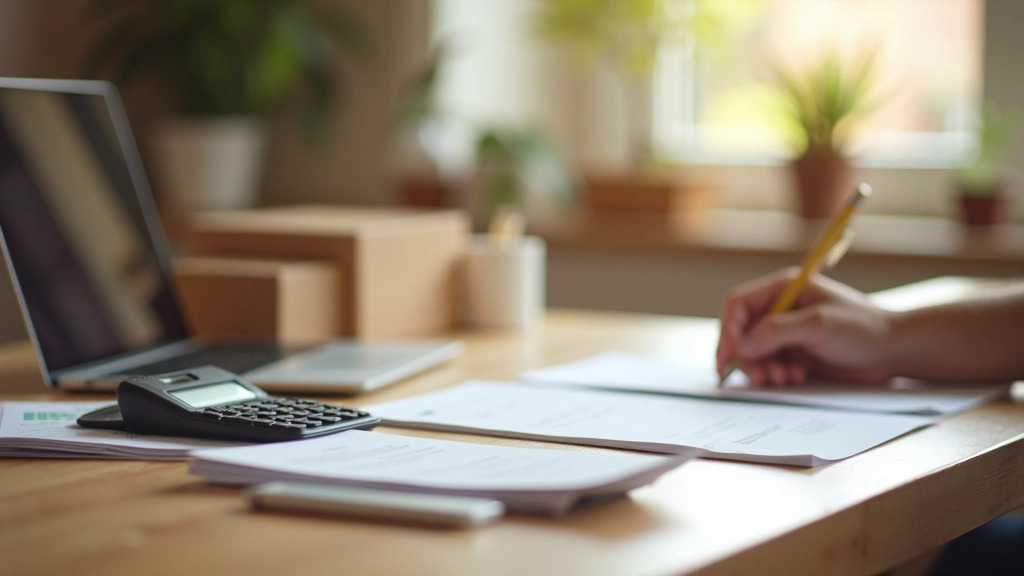 Bureau d'entrepreneur avec calculatrice, factures, cartons d'emballage et matériaux de packaging artisanaux organisés