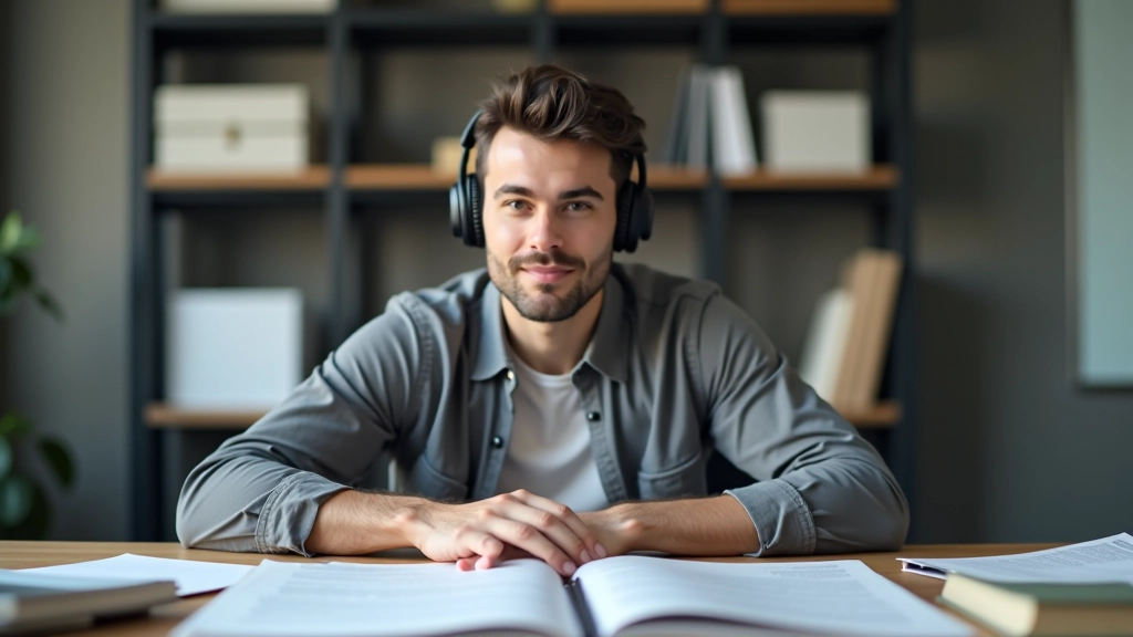Traducteur avec casque audio travaillant sur plusieurs langues, dictionnaire physique et écran d'ordinateur avec texte