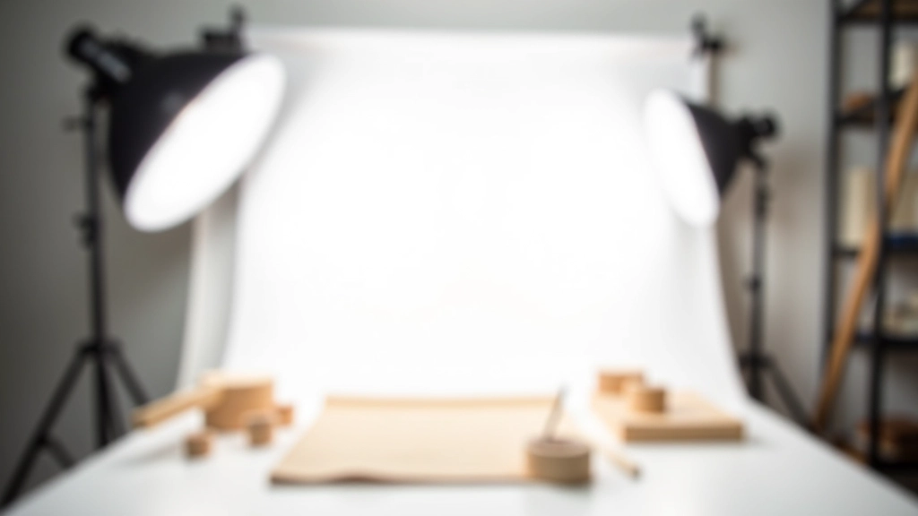 Plateau de photographe professionnel avec produits artisanaux bien éclairés, fond blanc neutre, studio photography setup