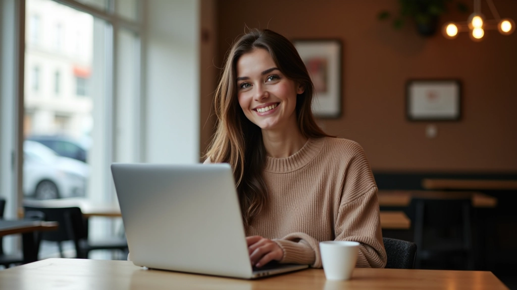 Femme freelance travaillant sur son ordinateur portable dans un café moderne, souriant en relisant ses notes, café chaud à proximité