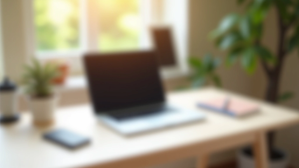 Espace de travail avec ordinateur portable, bloc-notes et stylo sur un bureau en bois clair, lumière naturelle du matin